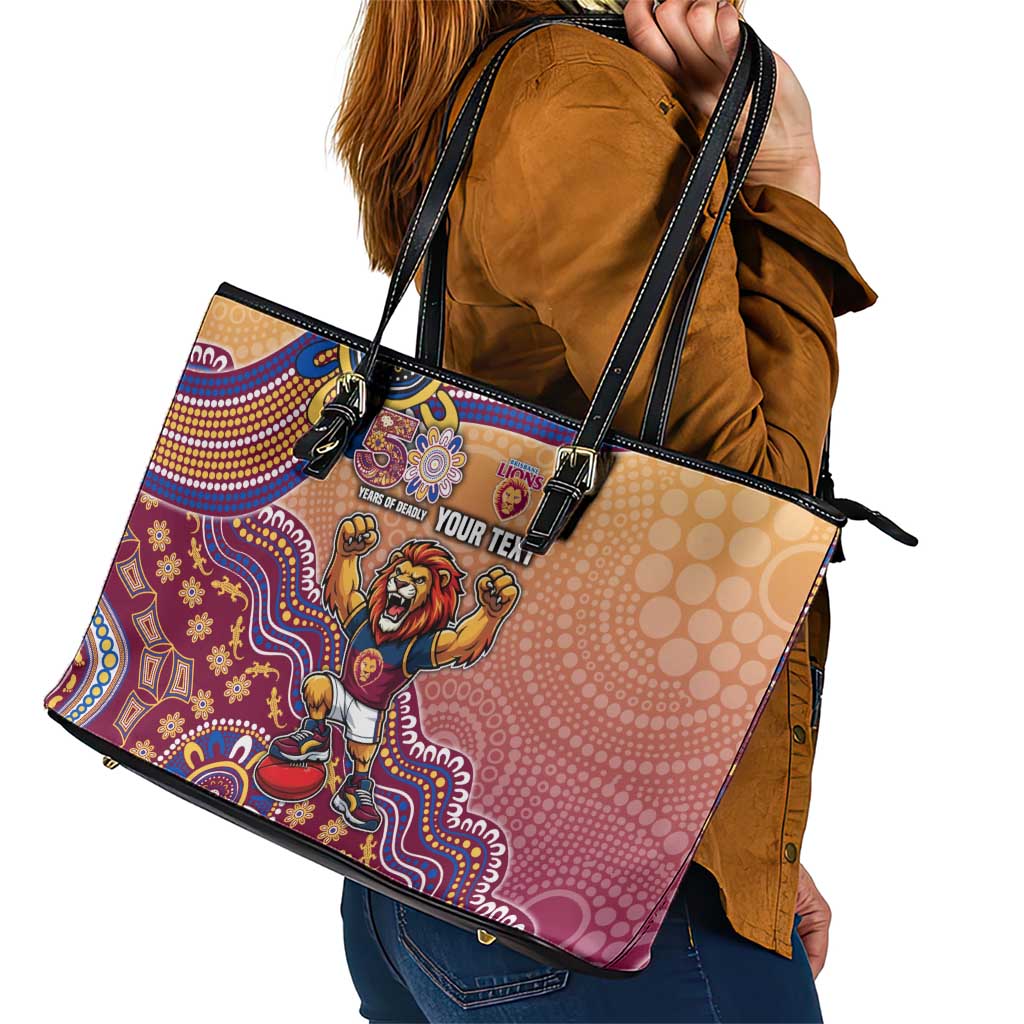 Personalized Brisbane Lions Football Mascot Leather Tote Bag Aboriginal Dot Art Style Vibrant Indigenous Pattern Design