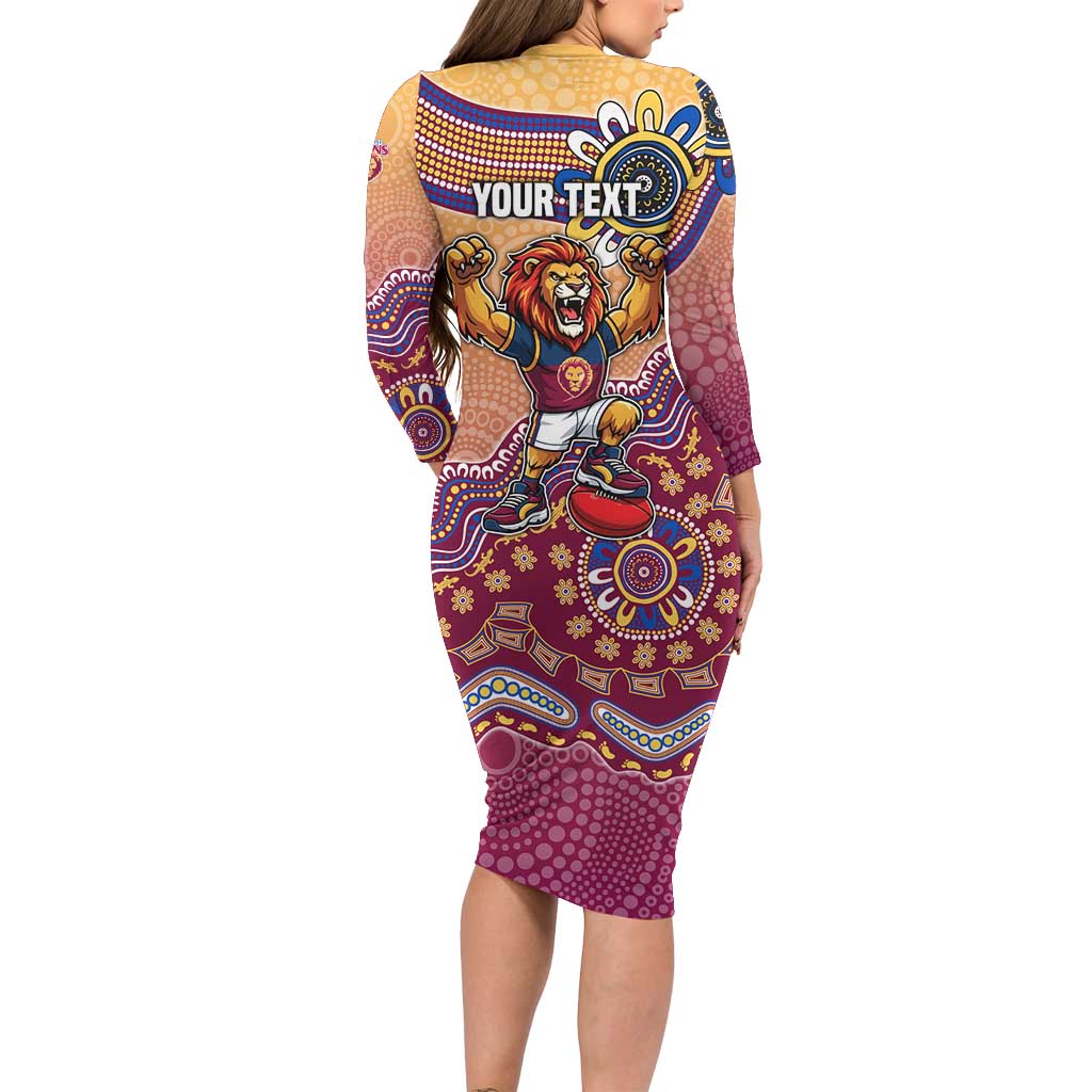 Personalized Brisbane Lions Football Mascot Long Sleeve Bodycon Dress Aboriginal Dot Art Style Vibrant Indigenous Pattern Design
