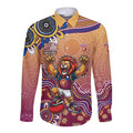 Personalized Brisbane Lions Football Mascot Long Sleeve Button Shirt Aboriginal Dot Art Style Vibrant Indigenous Pattern Design