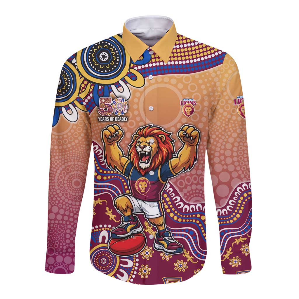Personalized Brisbane Lions Football Mascot Long Sleeve Button Shirt Aboriginal Dot Art Style Vibrant Indigenous Pattern Design