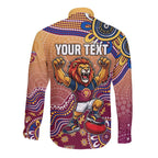 Personalized Brisbane Lions Football Mascot Long Sleeve Button Shirt Aboriginal Dot Art Style Vibrant Indigenous Pattern Design