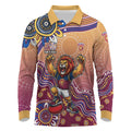 Personalized Brisbane Lions Football Mascot Long Sleeve Polo Shirt Aboriginal Dot Art Style Vibrant Indigenous Pattern Design