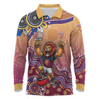 Personalized Brisbane Lions Football Mascot Long Sleeve Polo Shirt Aboriginal Dot Art Style Vibrant Indigenous Pattern Design