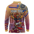 Personalized Brisbane Lions Football Mascot Long Sleeve Polo Shirt Aboriginal Dot Art Style Vibrant Indigenous Pattern Design