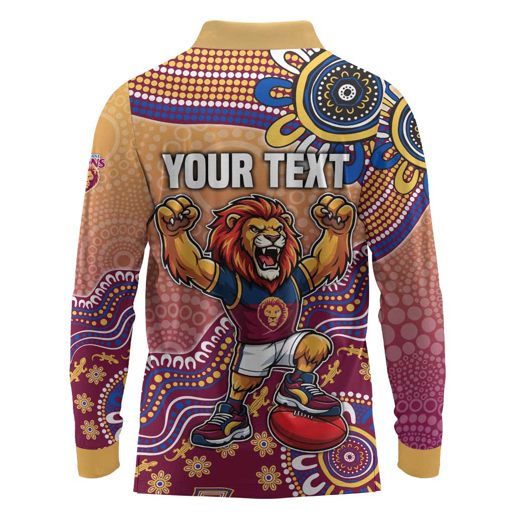 Personalized Brisbane Lions Football Mascot Long Sleeve Polo Shirt Aboriginal Dot Art Style Vibrant Indigenous Pattern Design