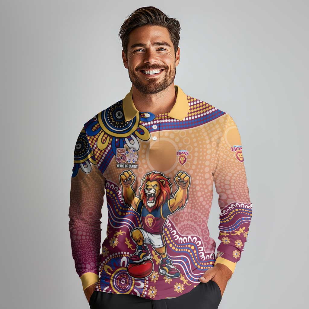 Personalized Brisbane Lions Football Mascot Long Sleeve Polo Shirt Aboriginal Dot Art Style Vibrant Indigenous Pattern Design