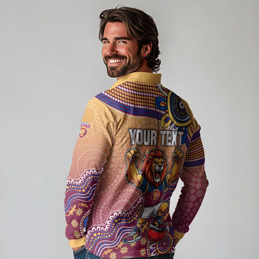 Personalized Brisbane Lions Football Mascot Long Sleeve Polo Shirt Aboriginal Dot Art Style Vibrant Indigenous Pattern Design