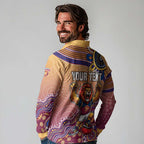 Personalized Brisbane Lions Football Mascot Long Sleeve Polo Shirt Aboriginal Dot Art Style Vibrant Indigenous Pattern Design