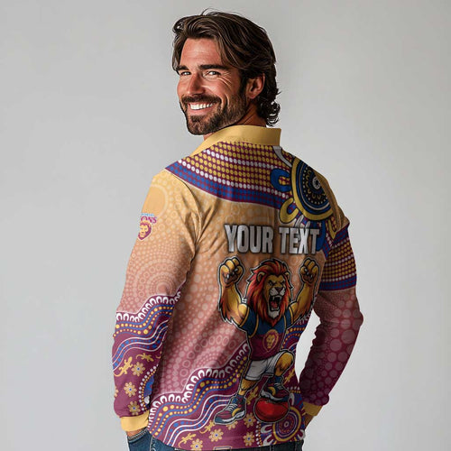 Personalized Brisbane Lions Football Mascot Long Sleeve Polo Shirt Aboriginal Dot Art Style Vibrant Indigenous Pattern Design