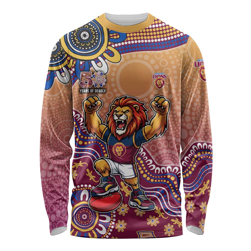 Personalized Brisbane Lions Football Mascot Long Sleeve Shirt Aboriginal Dot Art Style Vibrant Indigenous Pattern Design