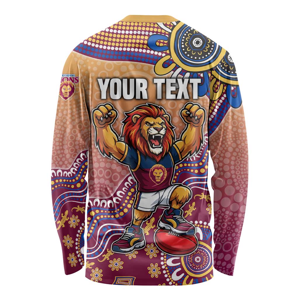 Personalized Brisbane Lions Football Mascot Long Sleeve Shirt Aboriginal Dot Art Style Vibrant Indigenous Pattern Design