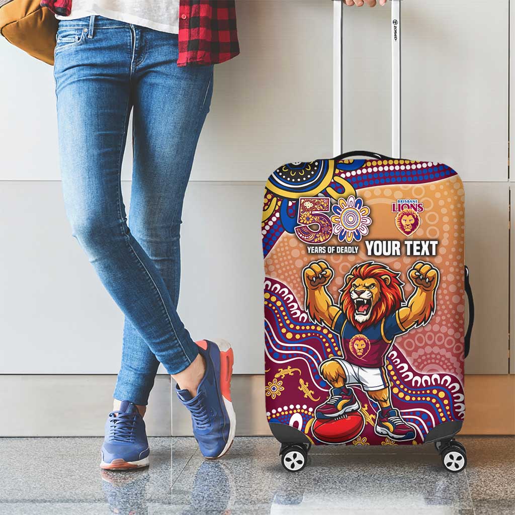 Personalized Brisbane Lions Football Mascot Luggage Cover Aboriginal Dot Art Style Vibrant Indigenous Pattern Design