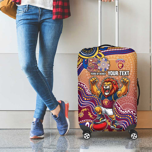 Personalized Brisbane Lions Football Mascot Luggage Cover Aboriginal Dot Art Style Vibrant Indigenous Pattern Design