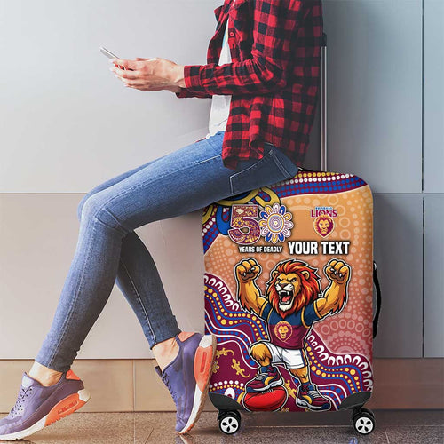 Personalized Brisbane Lions Football Mascot Luggage Cover Aboriginal Dot Art Style Vibrant Indigenous Pattern Design
