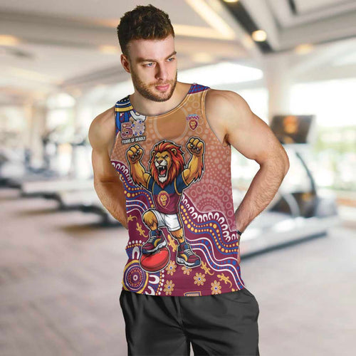 Personalized Brisbane Lions Football Mascot Men Tank Top Aboriginal Dot Art Style Vibrant Indigenous Pattern Design