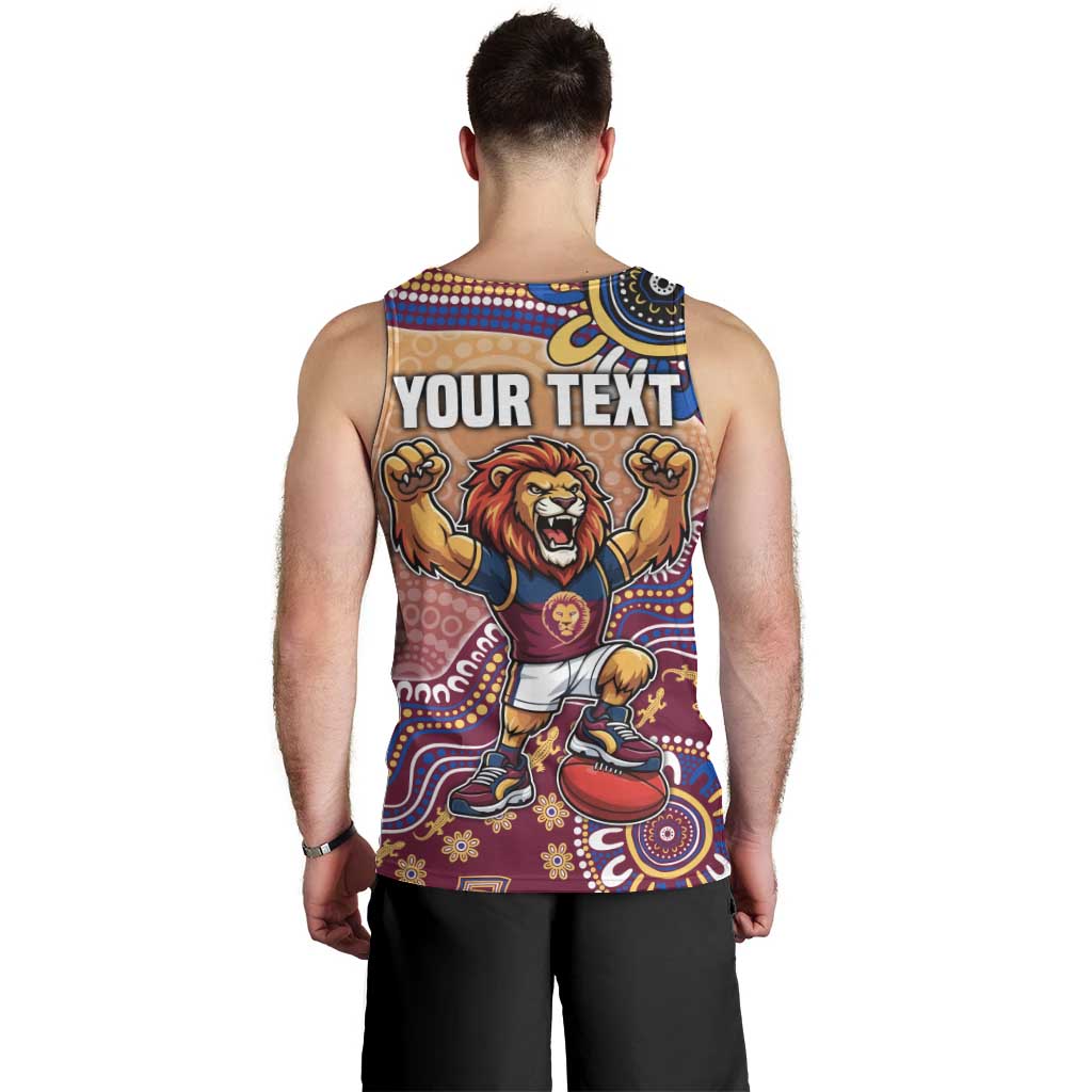 Personalized Brisbane Lions Football Mascot Men Tank Top Aboriginal Dot Art Style Vibrant Indigenous Pattern Design