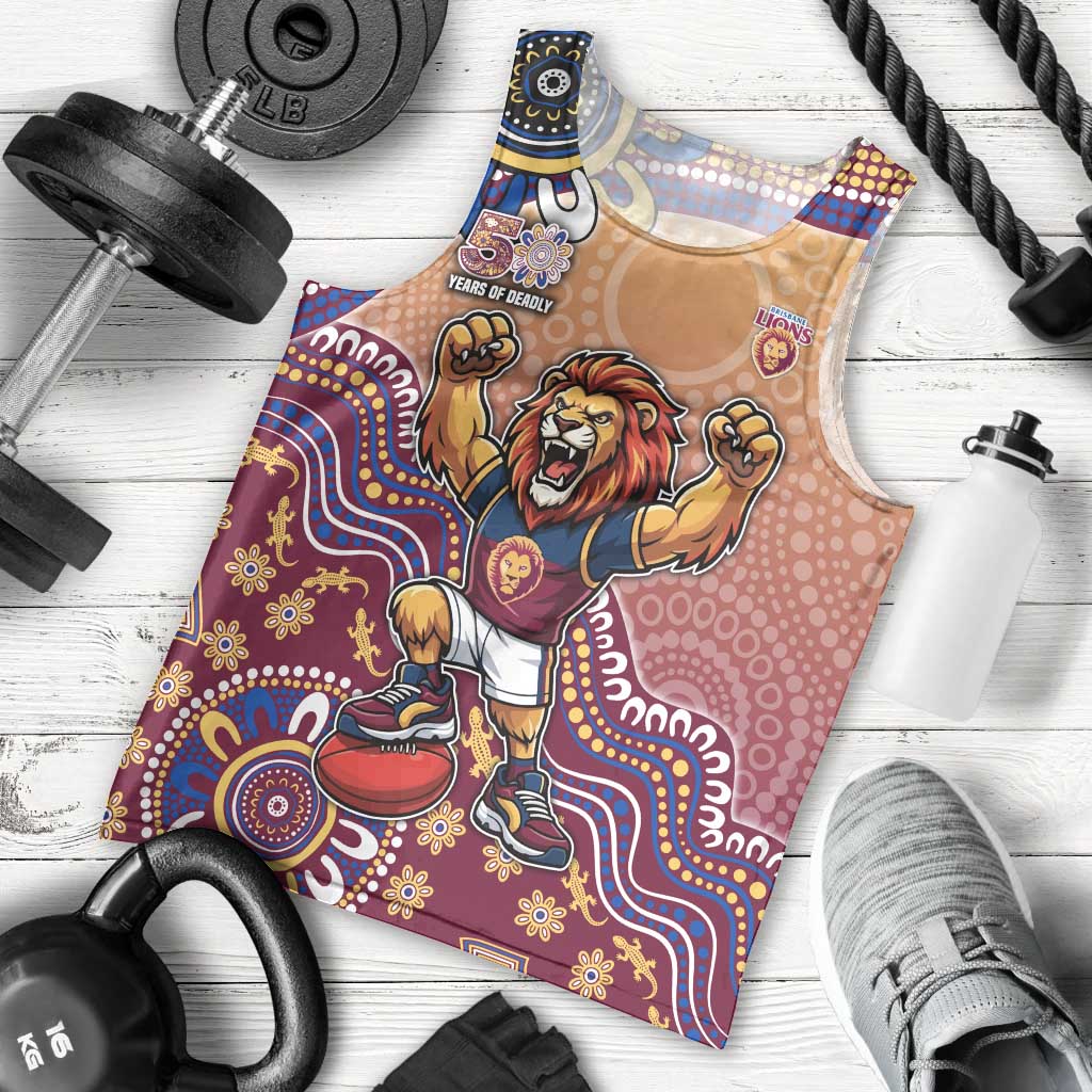 Personalized Brisbane Lions Football Mascot Men Tank Top Aboriginal Dot Art Style Vibrant Indigenous Pattern Design