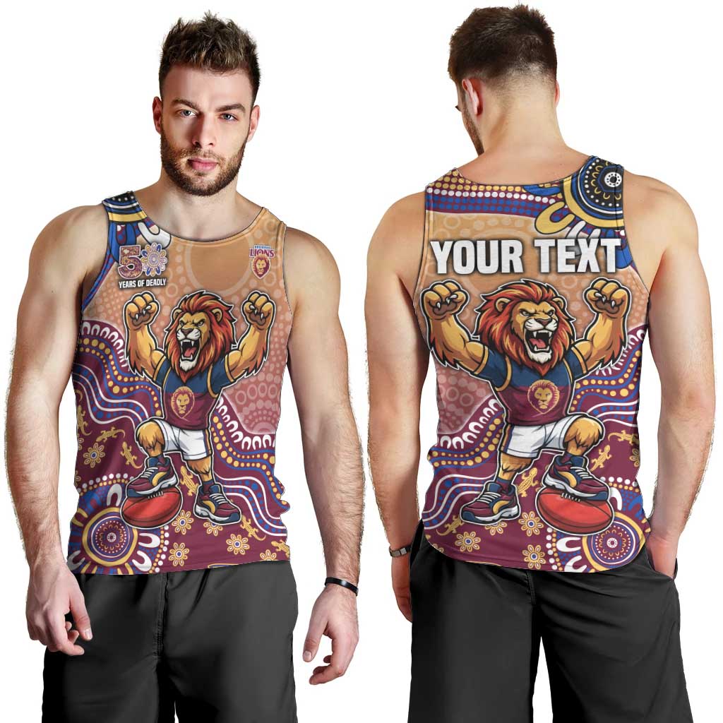 Personalized Brisbane Lions Football Mascot Men Tank Top Aboriginal Dot Art Style Vibrant Indigenous Pattern Design