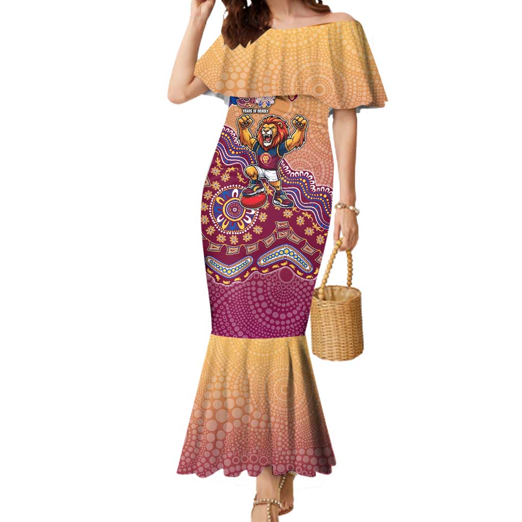 Personalized Brisbane Lions Football Mascot Mermaid Dress Aboriginal Dot Art Style Vibrant Indigenous Pattern Design