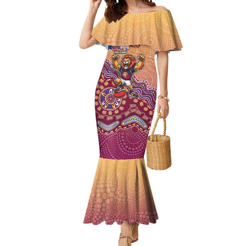 Personalized Brisbane Lions Football Mascot Mermaid Dress Aboriginal Dot Art Style Vibrant Indigenous Pattern Design