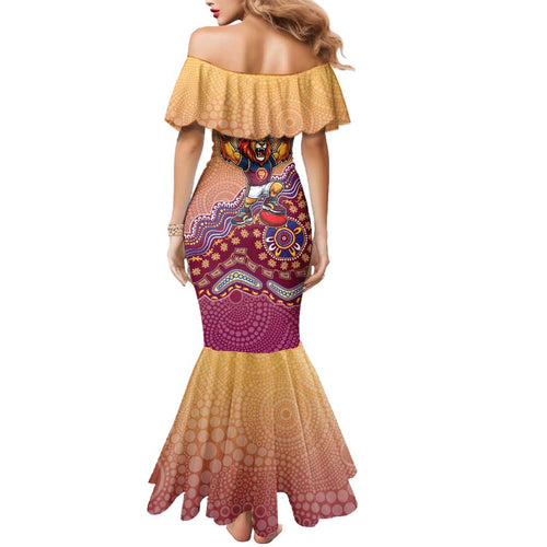 Personalized Brisbane Lions Football Mascot Mermaid Dress Aboriginal Dot Art Style Vibrant Indigenous Pattern Design
