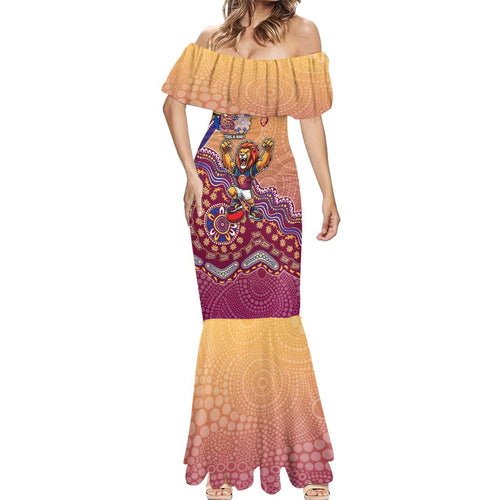 Personalized Brisbane Lions Football Mascot Mermaid Dress Aboriginal Dot Art Style Vibrant Indigenous Pattern Design