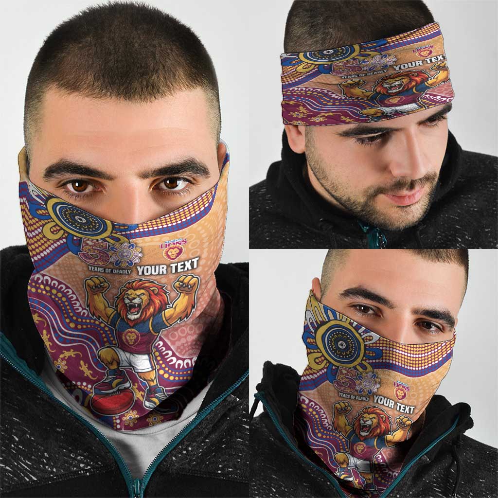 Personalized Brisbane Lions Football Mascot Neck Gaiter Aboriginal Dot Art Style Vibrant Indigenous Pattern Design