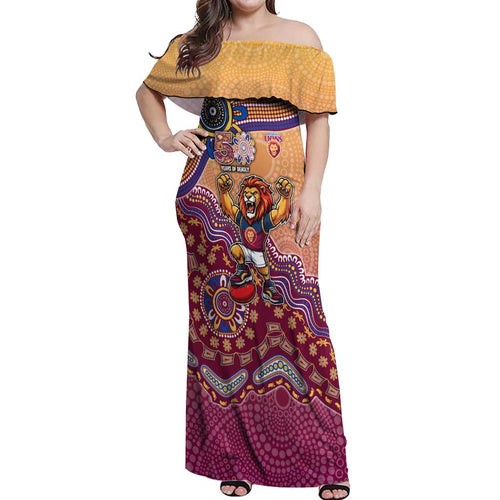 Personalized Brisbane Lions Football Mascot Off Shoulder Maxi Dress Aboriginal Dot Art Style Vibrant Indigenous Pattern Design