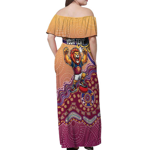 Personalized Brisbane Lions Football Mascot Off Shoulder Maxi Dress Aboriginal Dot Art Style Vibrant Indigenous Pattern Design