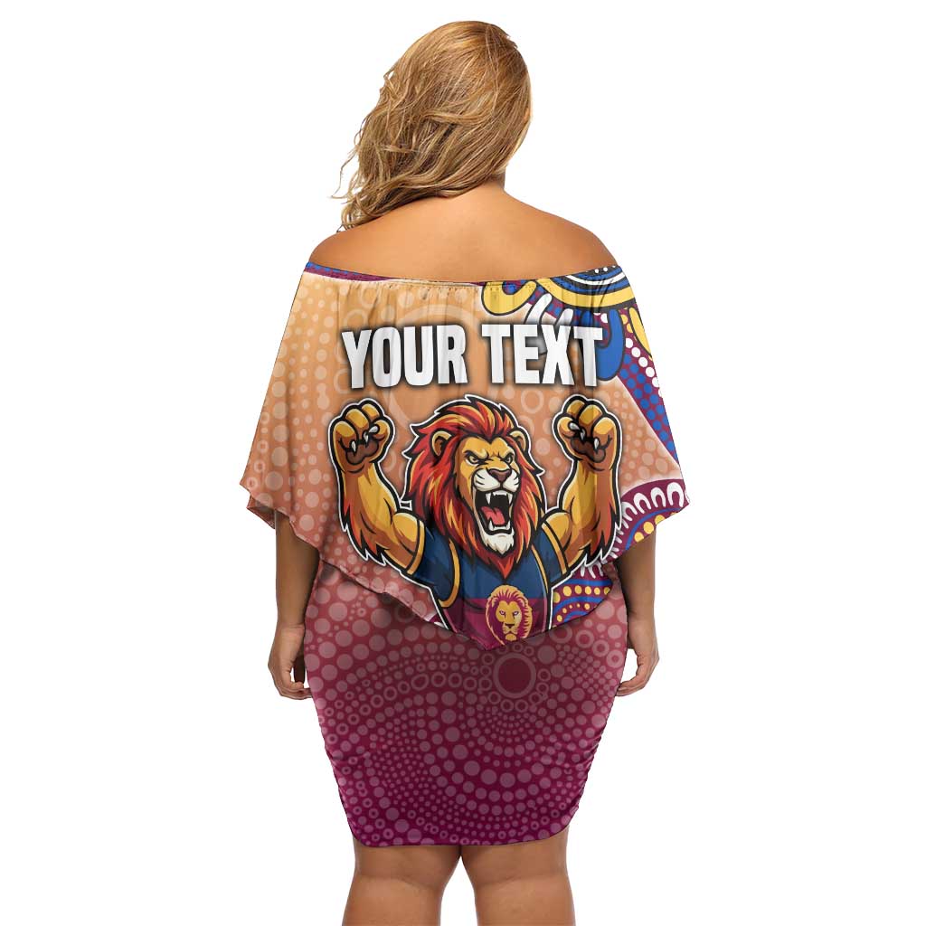 Personalized Brisbane Lions Football Mascot Off Shoulder Short Dress Aboriginal Dot Art Style Vibrant Indigenous Pattern Design
