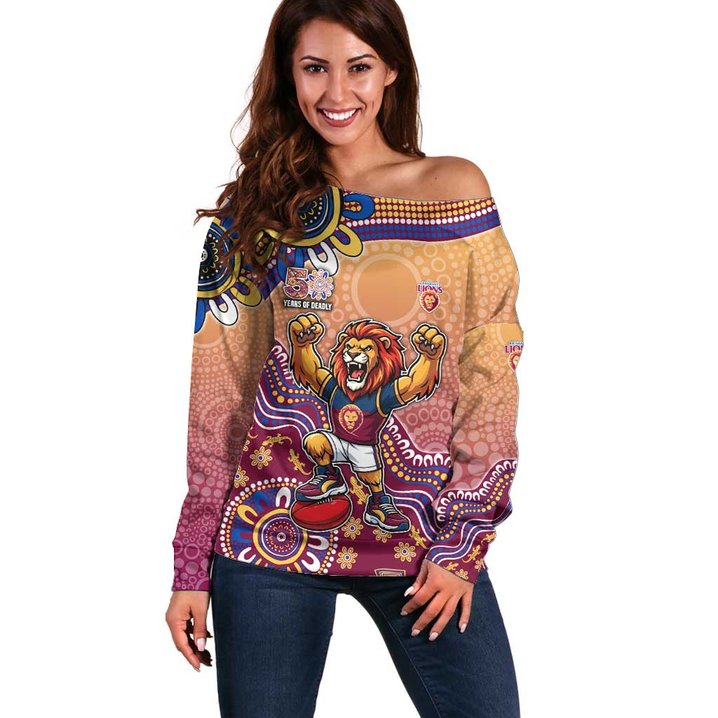 Personalized Brisbane Lions Football Mascot Off Shoulder Sweater Aboriginal Dot Art Style Vibrant Indigenous Pattern Design