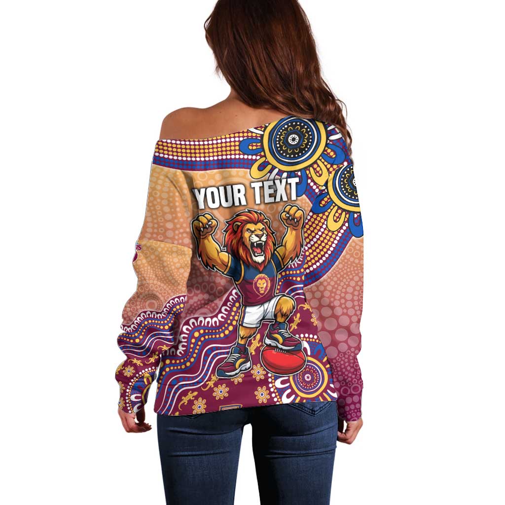 Personalized Brisbane Lions Football Mascot Off Shoulder Sweater Aboriginal Dot Art Style Vibrant Indigenous Pattern Design