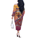 Personalized Brisbane Lions Football Mascot Off The Shoulder Long Sleeve Dress Aboriginal Dot Art Style Vibrant Indigenous Pattern Design