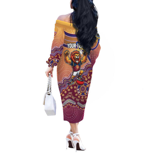 Personalized Brisbane Lions Football Mascot Off The Shoulder Long Sleeve Dress Aboriginal Dot Art Style Vibrant Indigenous Pattern Design