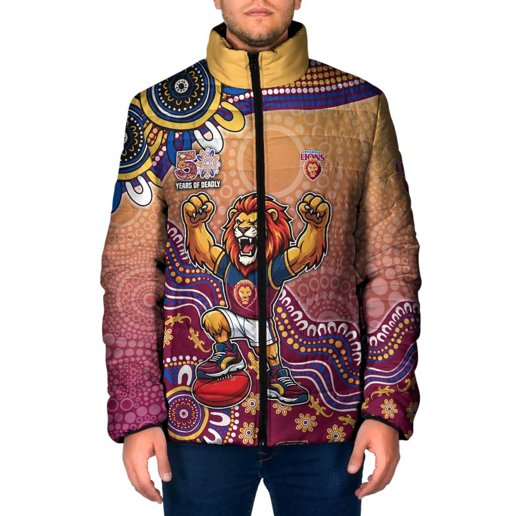 Personalized Brisbane Lions Football Mascot Padded Jacket Aboriginal Dot Art Style Vibrant Indigenous Pattern Design