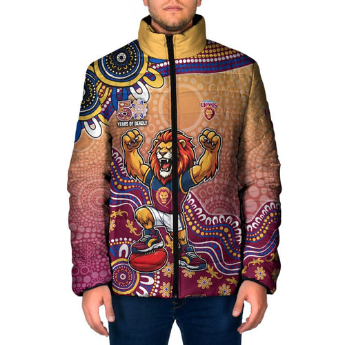 Personalized Brisbane Lions Football Mascot Padded Jacket Aboriginal Dot Art Style Vibrant Indigenous Pattern Design