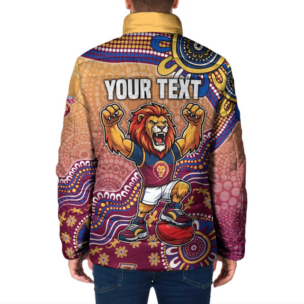 Personalized Brisbane Lions Football Mascot Padded Jacket Aboriginal Dot Art Style Vibrant Indigenous Pattern Design
