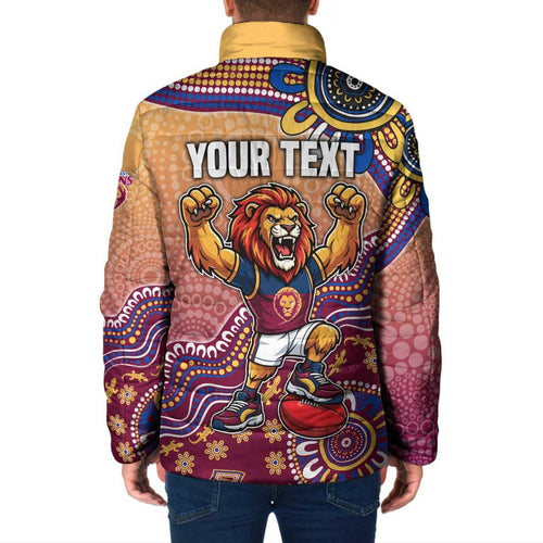 Personalized Brisbane Lions Football Mascot Padded Jacket Aboriginal Dot Art Style Vibrant Indigenous Pattern Design