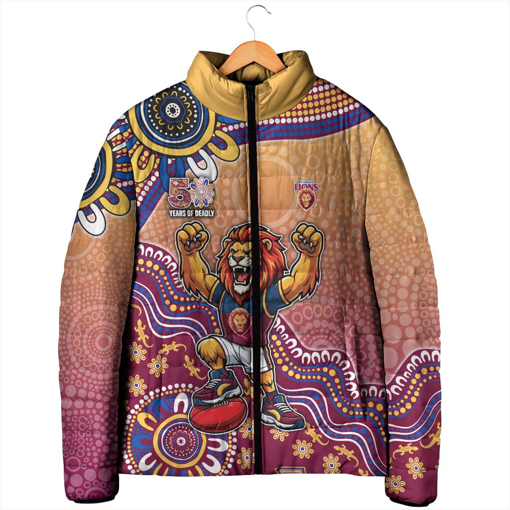 Personalized Brisbane Lions Football Mascot Padded Jacket Aboriginal Dot Art Style Vibrant Indigenous Pattern Design