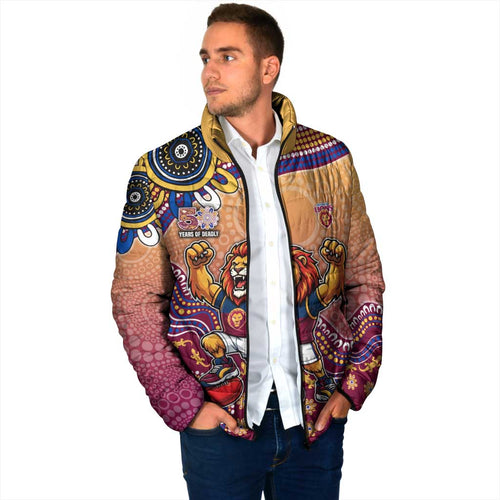 Personalized Brisbane Lions Football Mascot Padded Jacket Aboriginal Dot Art Style Vibrant Indigenous Pattern Design