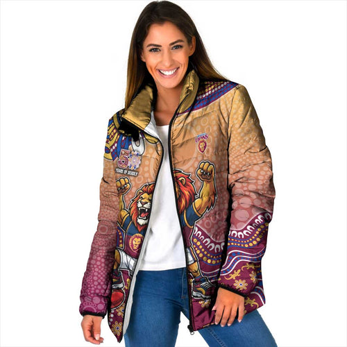 Personalized Brisbane Lions Football Mascot Padded Jacket Aboriginal Dot Art Style Vibrant Indigenous Pattern Design