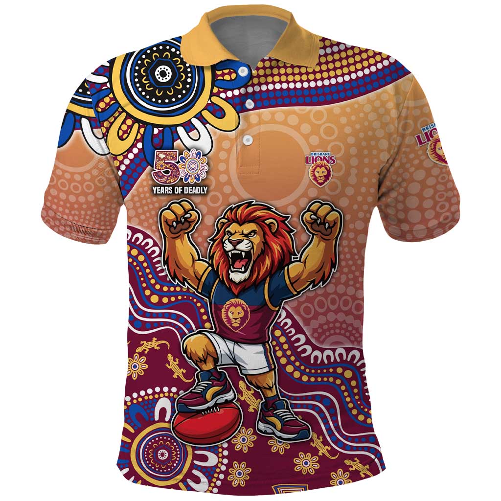 Personalized Brisbane Lions Football Mascot Polo Shirt Aboriginal Dot Art Style Vibrant Indigenous Pattern Design