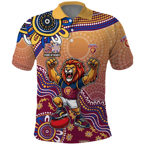 Personalized Brisbane Lions Football Mascot Polo Shirt Aboriginal Dot Art Style Vibrant Indigenous Pattern Design