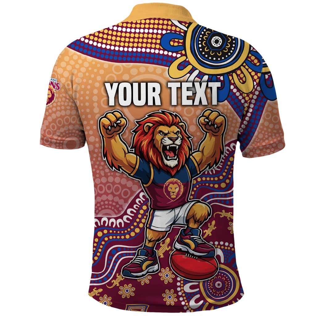 Personalized Brisbane Lions Football Mascot Polo Shirt Aboriginal Dot Art Style Vibrant Indigenous Pattern Design