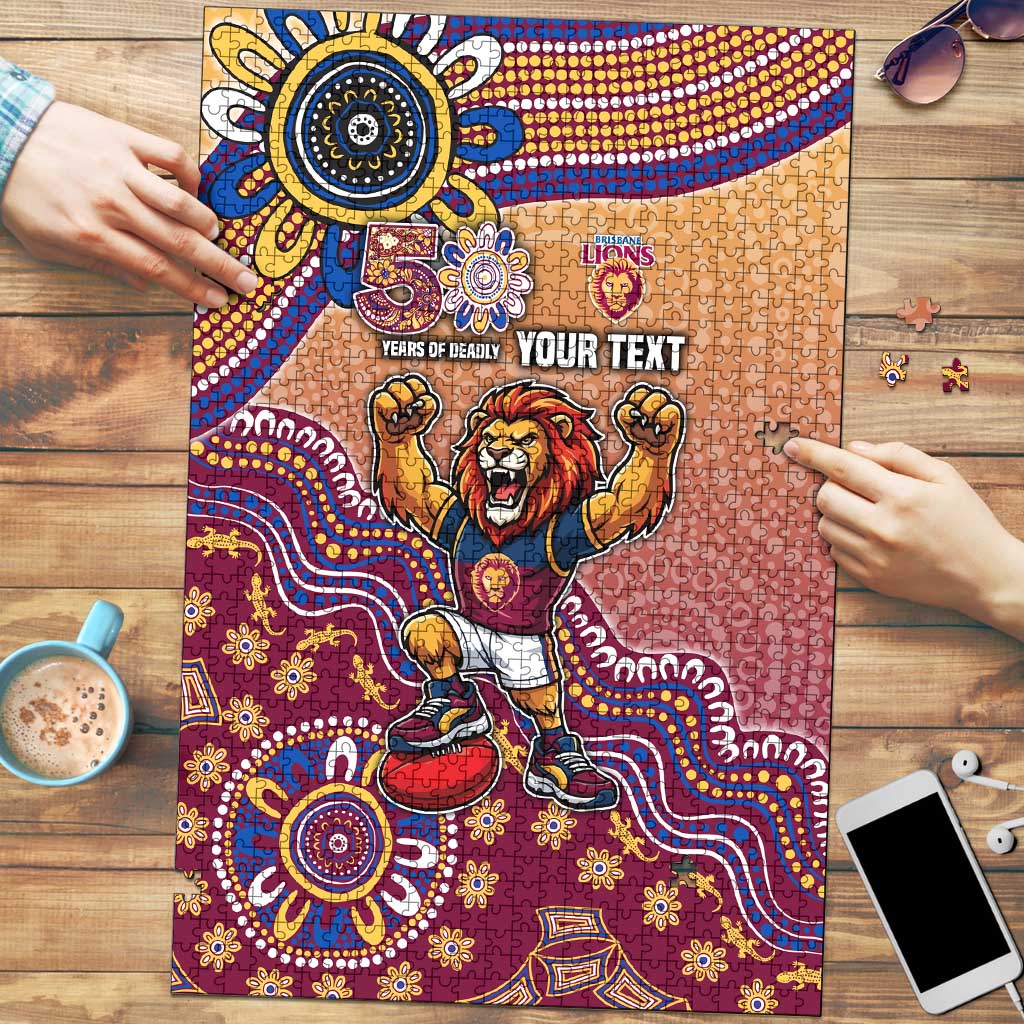 Personalized Brisbane Lions Football Mascot Puzzle Aboriginal Dot Art Style Vibrant Indigenous Pattern Design