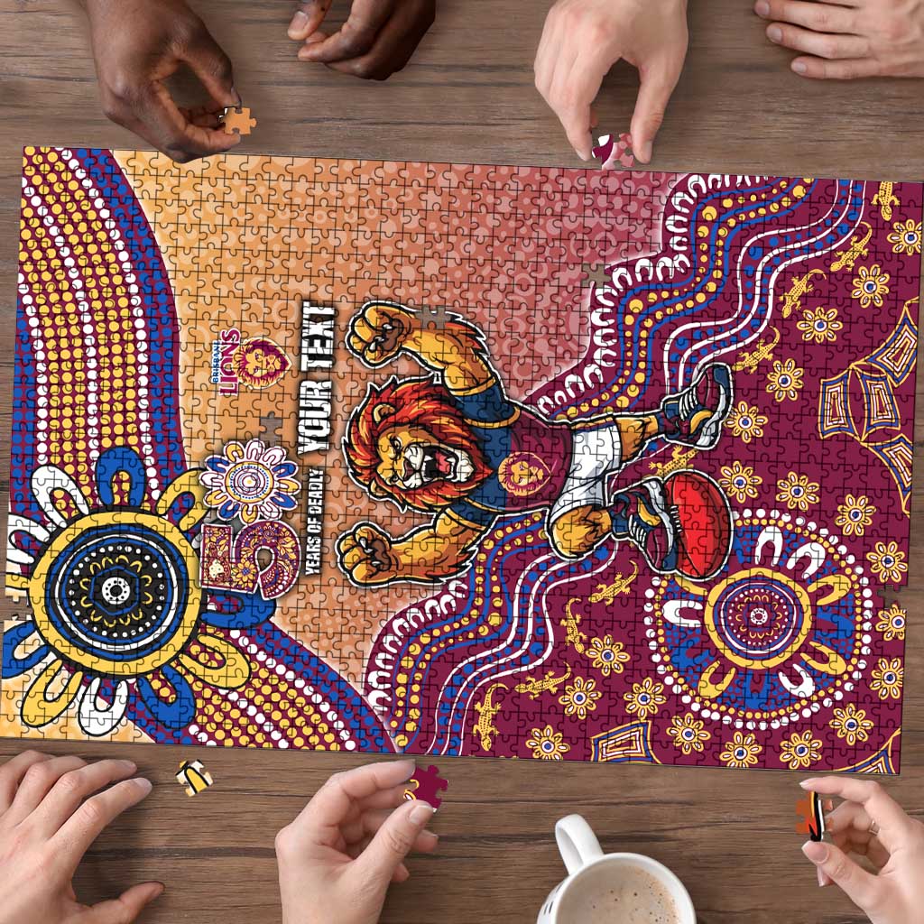 Personalized Brisbane Lions Football Mascot Puzzle Aboriginal Dot Art Style Vibrant Indigenous Pattern Design