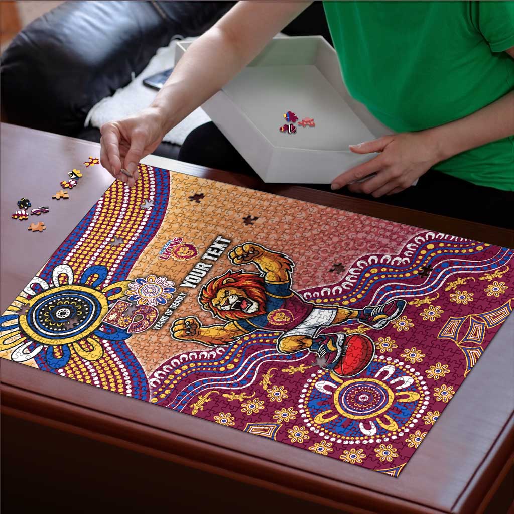 Personalized Brisbane Lions Football Mascot Puzzle Aboriginal Dot Art Style Vibrant Indigenous Pattern Design