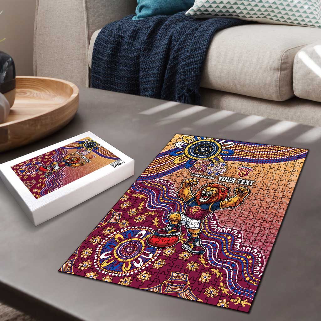 Personalized Brisbane Lions Football Mascot Puzzle Aboriginal Dot Art Style Vibrant Indigenous Pattern Design