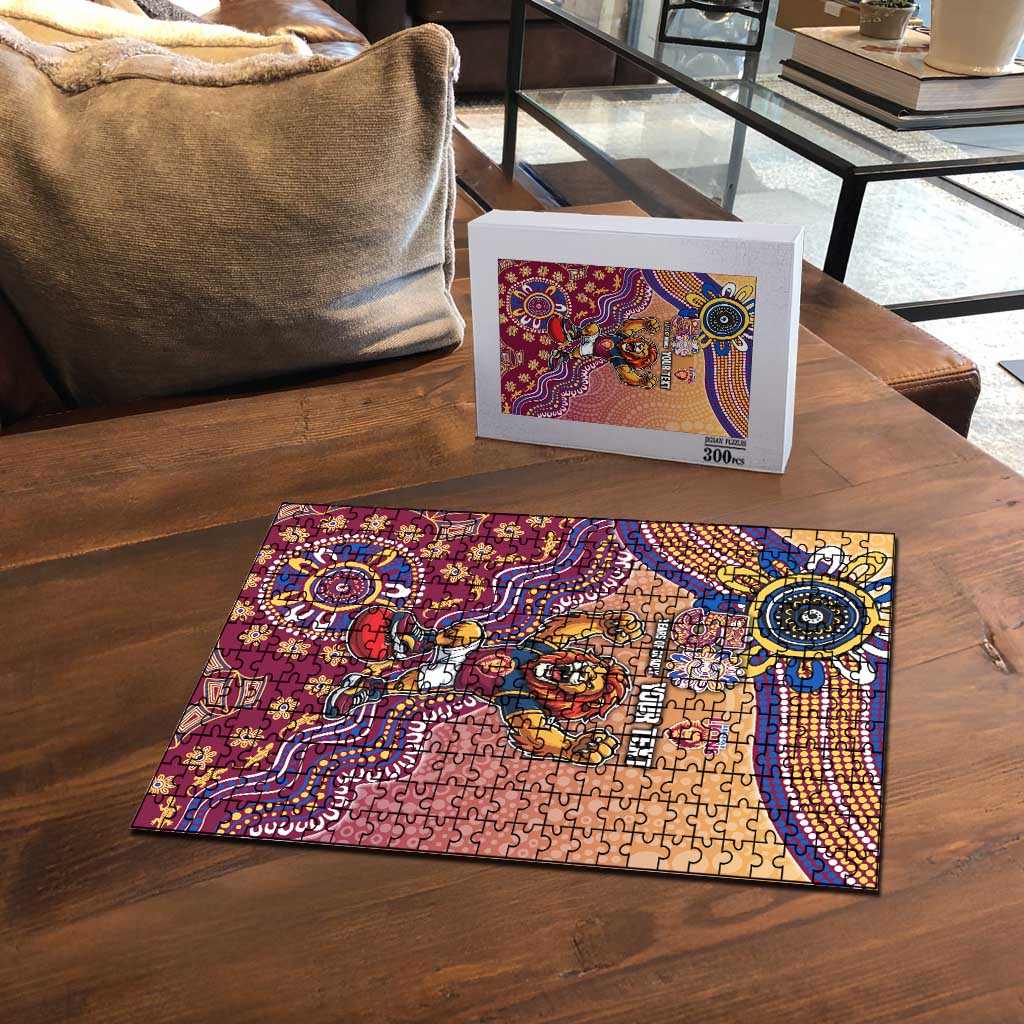Personalized Brisbane Lions Football Mascot Puzzle Aboriginal Dot Art Style Vibrant Indigenous Pattern Design