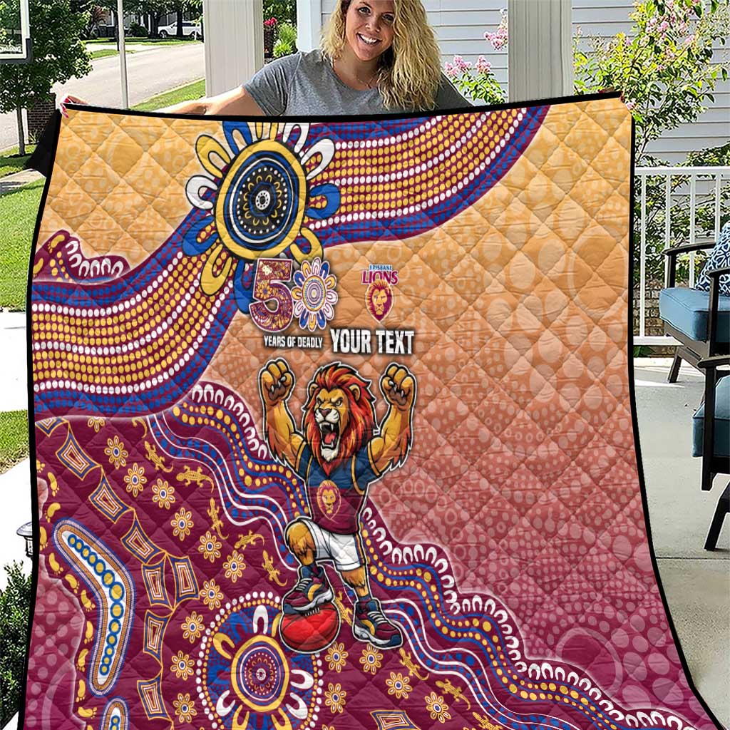 Personalized Brisbane Lions Football Mascot Quilt Aboriginal Dot Art Style Vibrant Indigenous Pattern Design
